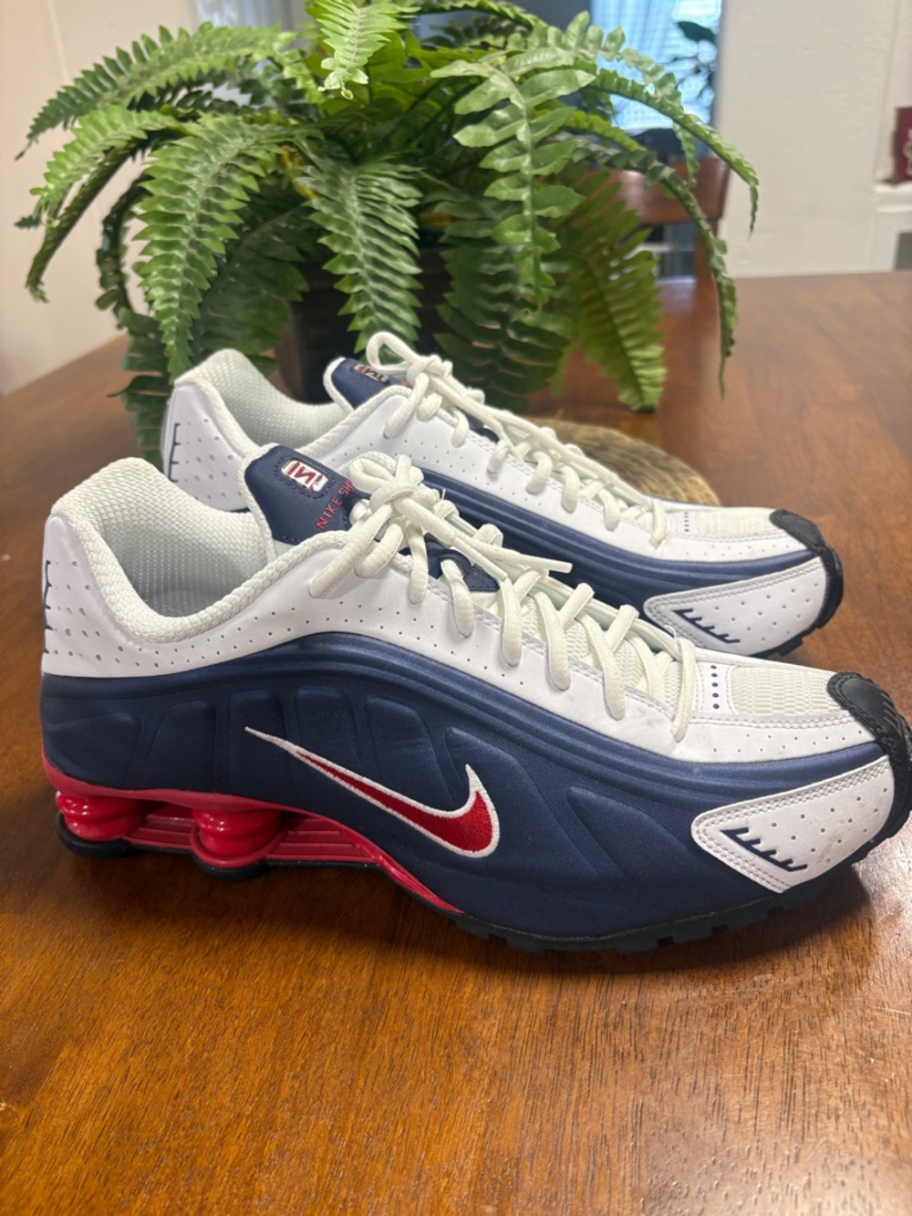 Nike Men’s White Navy and Red Shox Sneakers